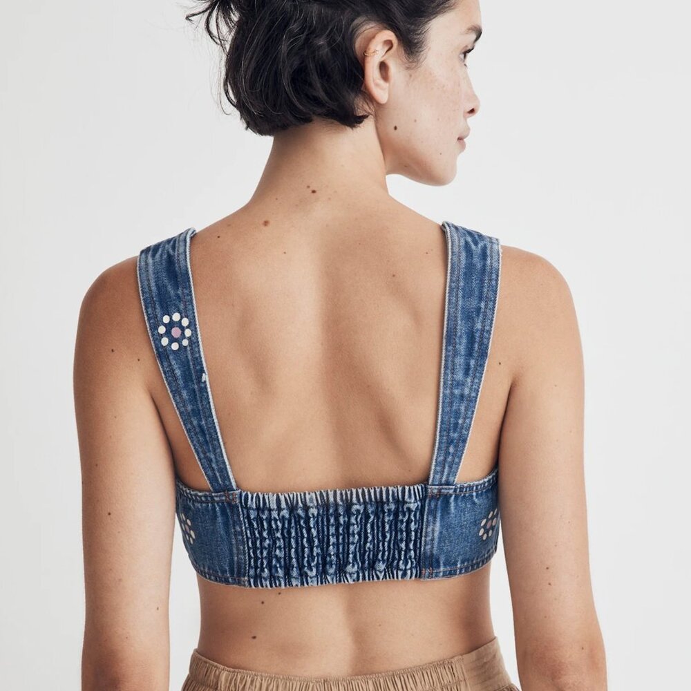 Madewell Denim Crop Top Bralette with Stamped Floral Pattern Women's Size 0 NWT - Picture 4 of 11